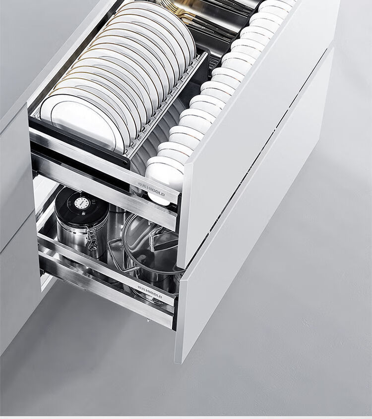 橱柜拉篮抽屉式双层304不锈钢厨房抽拉碗柜收纳阻尼碗篮碟架实心圆钢