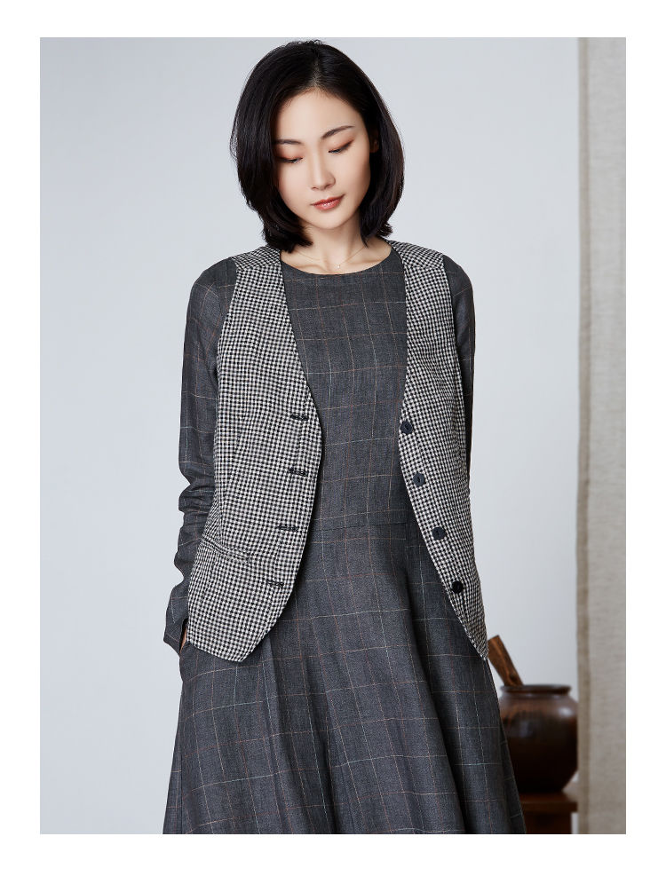 qtu棉麻女装圆领亚麻色织格纹长袖连衣裙女简约大气长裙子lq2366灰紫