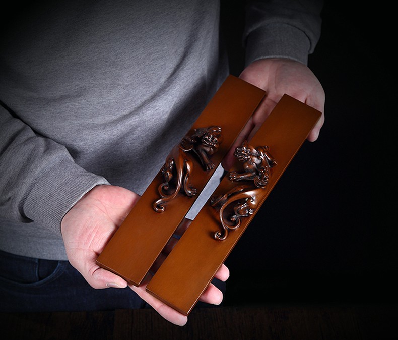 宝瑞福 铜实心镇尺一对紫铜螭龙钮卧牛羊镇纸文房四宝书房毛笔书法画