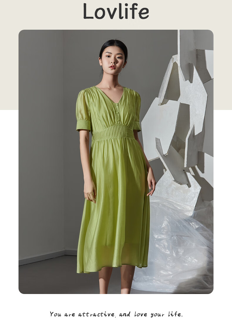 片断连衣裙女2022夏新款纯色宽松v领裙子文艺休闲中长裙韩版时尚 灰蓝