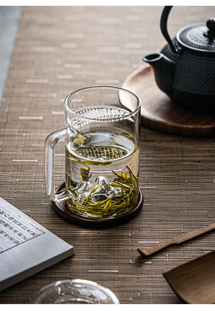 青茶杯观山绿茶杯专用龙井茶杯月牙杯过滤茶水分离泡茶杯玻璃杯带把