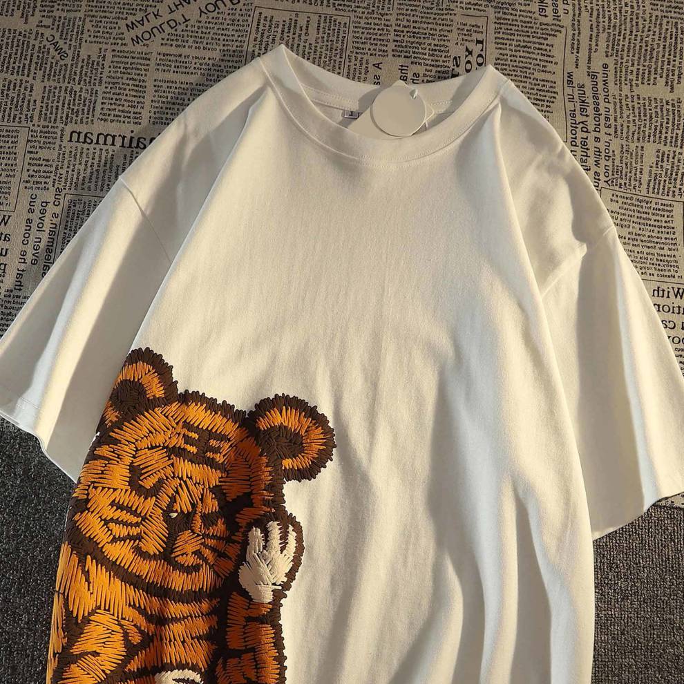 啄木鸟国潮复古hiphop卡通老虎情侣装短袖t恤男女港味男士男式夏季