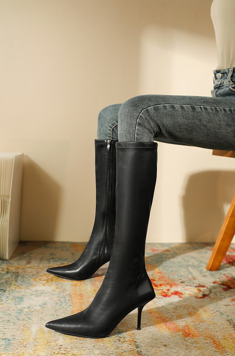 女士细高跟长筒靴子显瘦长靴女冬瘦瘦靴尖头骑士靴高跟高筒单靴 绿色