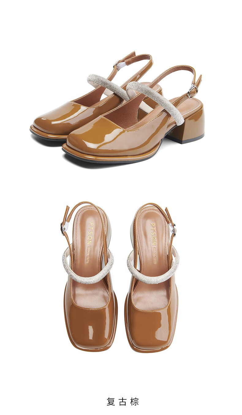 百田森方头水钻玛丽珍鞋女2022春夏新款中粗跟包头凉鞋黑色34