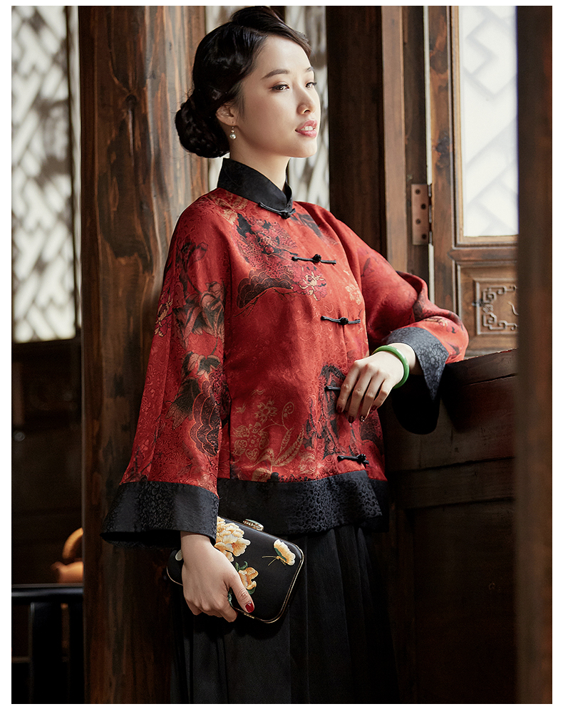 玺玥2022春季新款香云纱复古民族风唐装女中式真丝短上衣外套红色xl