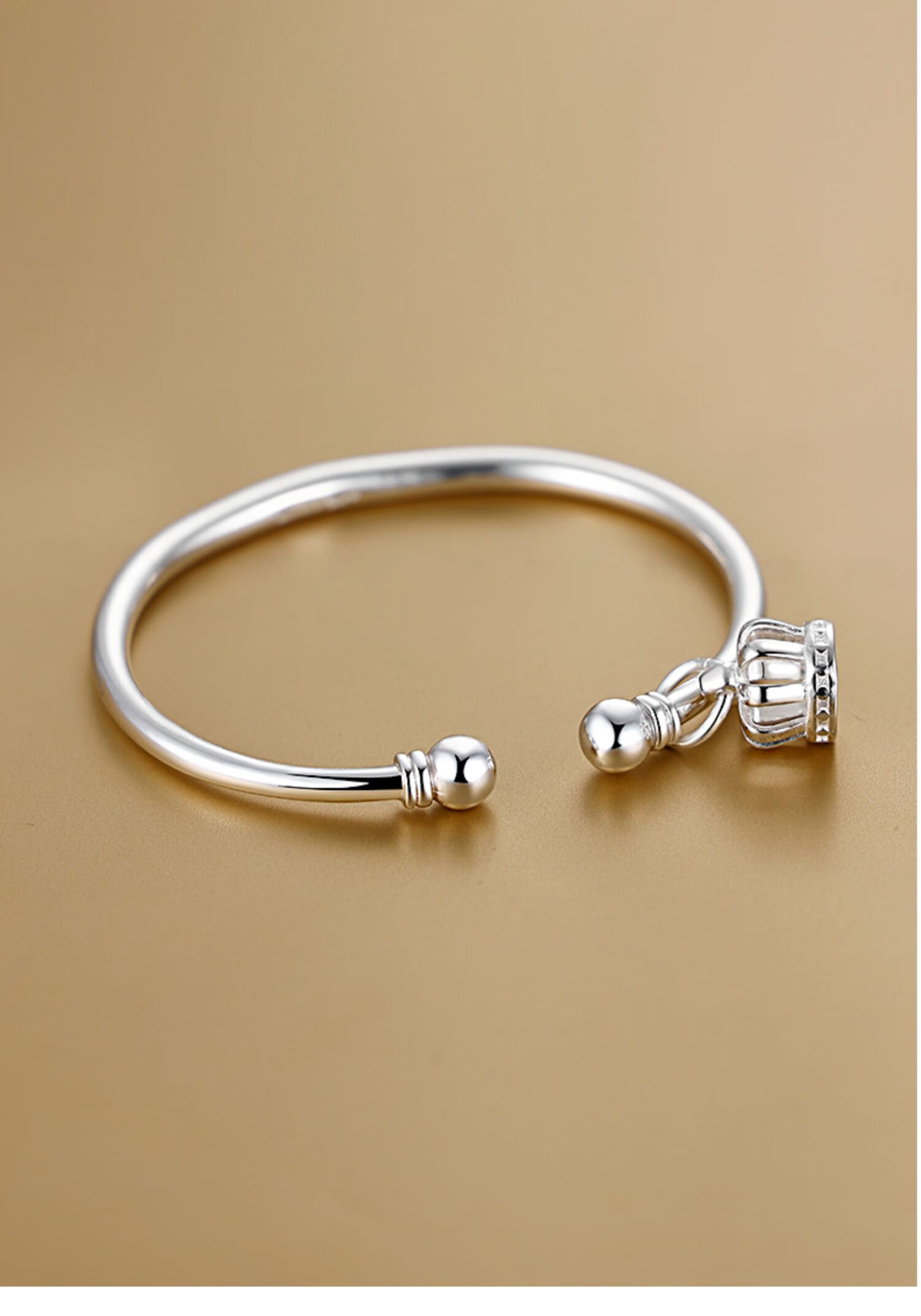 999足银手镯女款开口蒜头实心简约铃铛宫铃老式镯子送女友七夕情人节