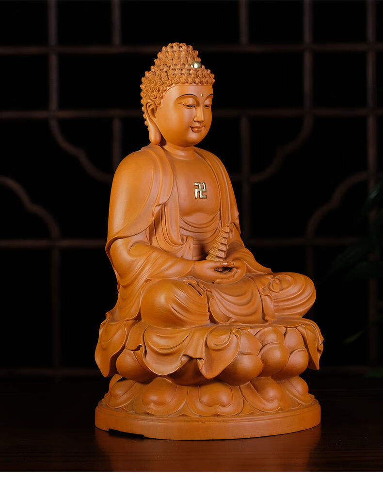 美其美纳香樟木雕药师佛像释迦牟尼佛神像供奉家用客厅摆件三宝佛佛像