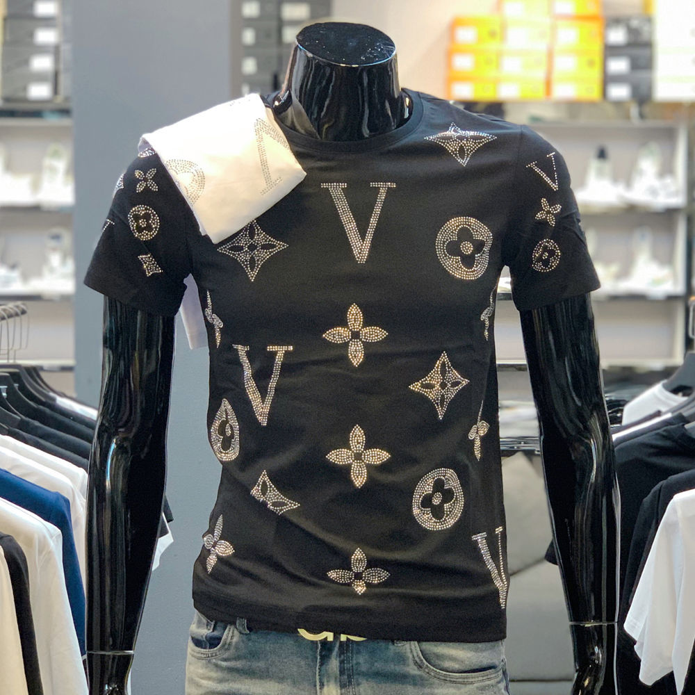 dyjalbert香港潮牌欧洲站烫钻男短袖潮牌男士恤带钻镶钻莱卡棉半袖修