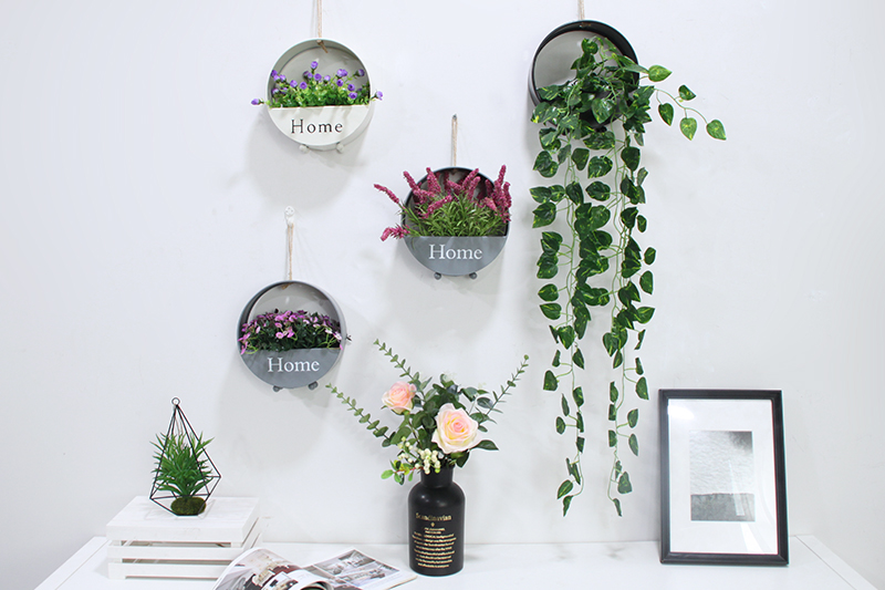 盆栽壁挂式墙面装饰北欧挂饰花盆悬挂式文艺 黑色铁花篮 春草(配麻绳