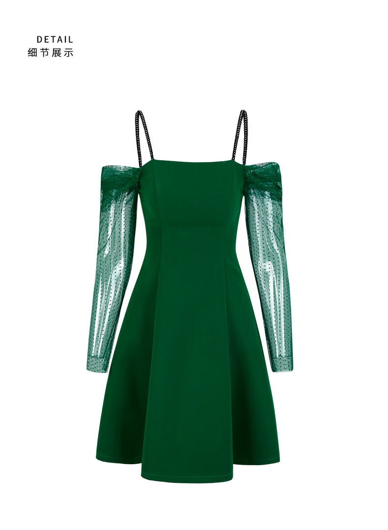 韩语琳高腰一字领连衣裙2020春季新款女长袖吊带短裙网纱拼接裙子 深