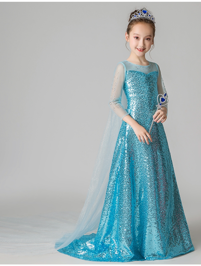 2艾莎公主裙子爱莎女童连衣裙儿童演出服表演拖尾礼服夏 艾莎公主裙