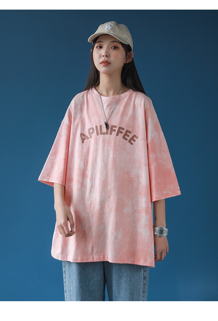 qgf扎染纯棉短袖t恤女潮牌ins字母印花设计感学生休闲潮流半袖衫情侣