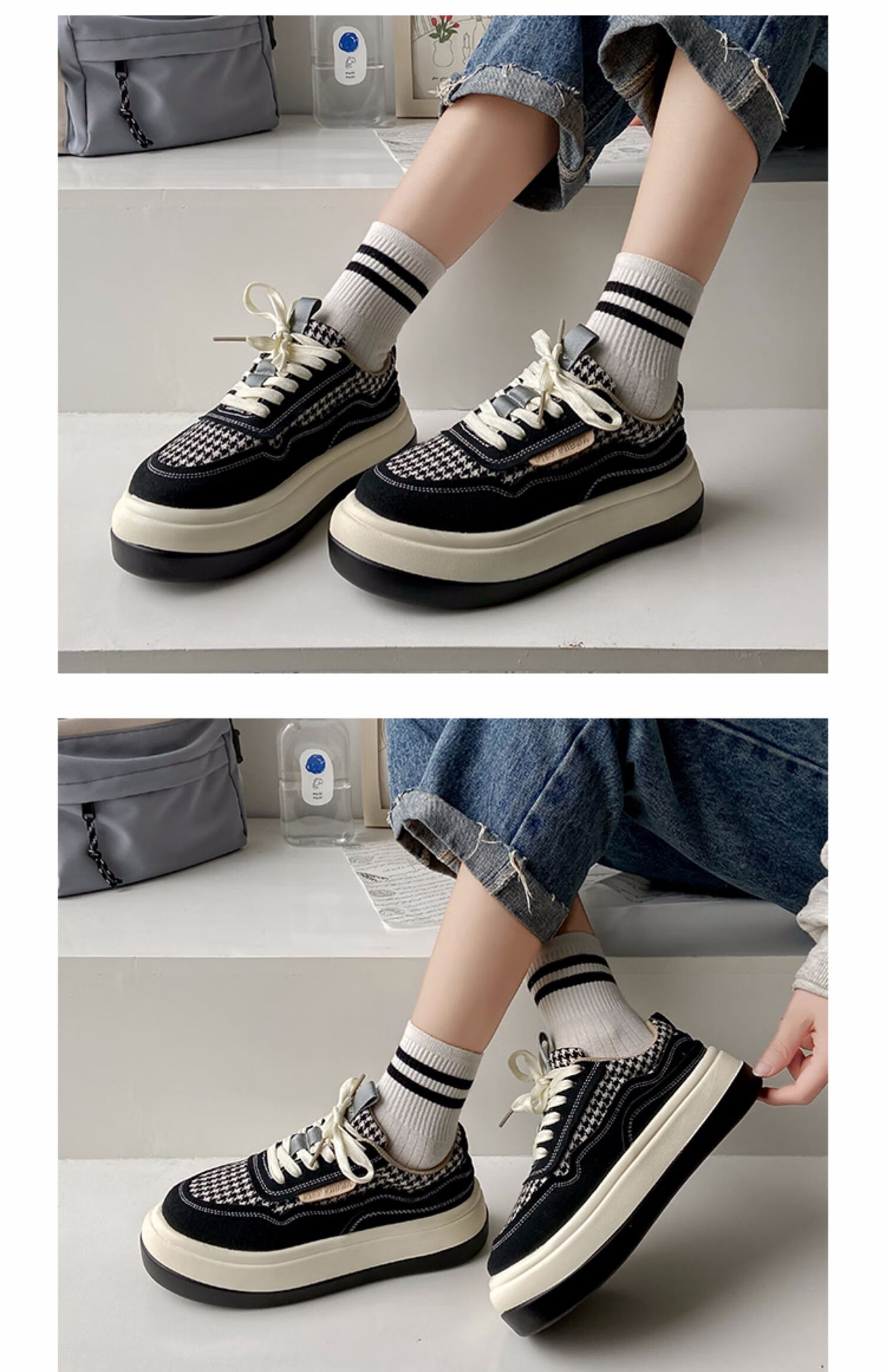 女ins潮2022年春季小众百搭千鸟格松糕厚底休闲运动鞋初高中大学生