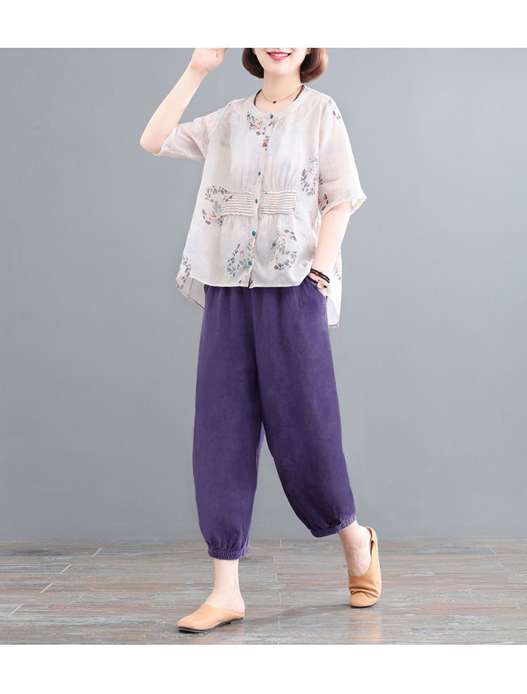 棉麻套装女夏季棉麻套装女夏季大码文艺复古女装中老年褶皱印花妈妈两