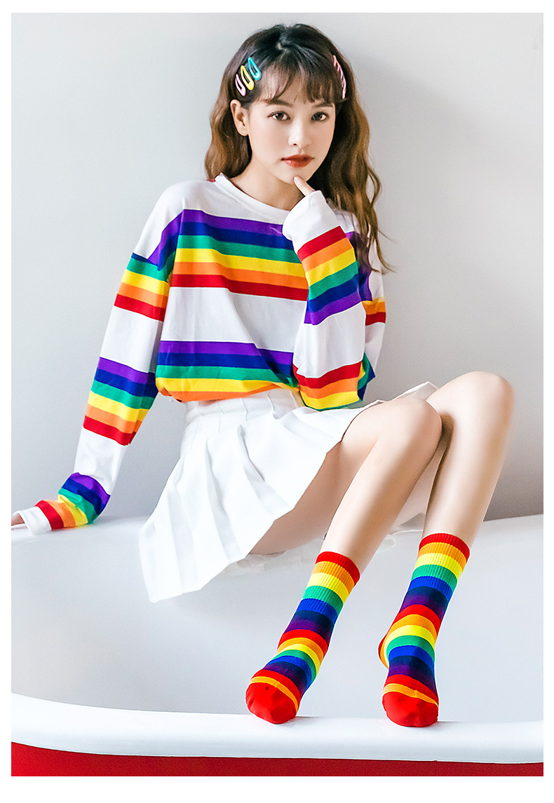 女生彩虹袜子女棉袜中筒袜泫雅风ins潮流日系百搭网红学院风长筒袜