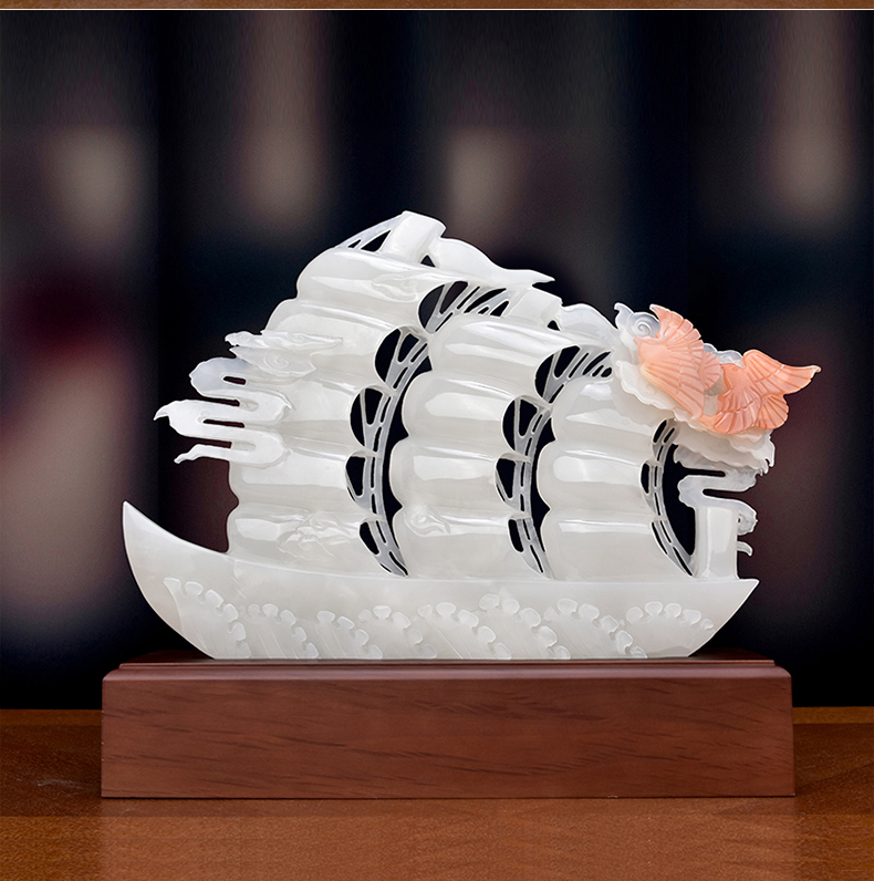 乔时姿星星点灯轻奢高端玉雕玉石一帆风顺帆船摆件客厅玄关酒柜办公室