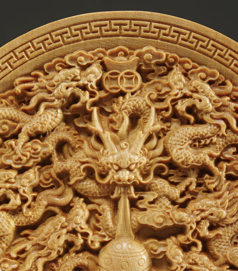 刺史太行崖柏木雕九龙戏珠摆件实木风水吉祥物客厅装饰盘子雕刻工艺品