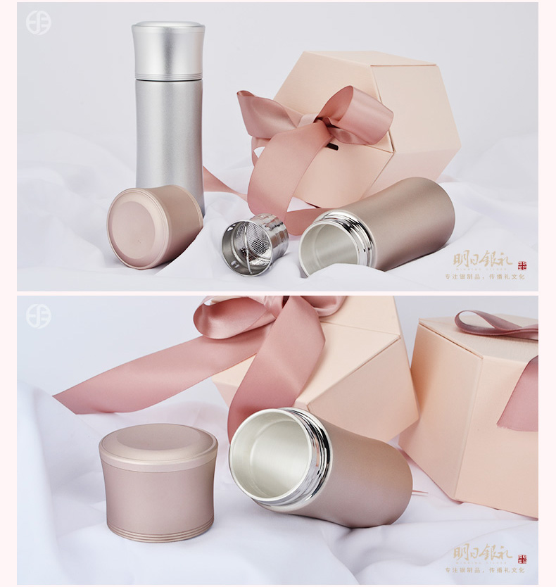 明日银水杯女生足银内胆保温杯999银女士礼物简约ins可爱小蛮腰时尚灰