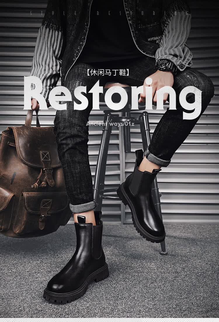 花花公子切尔西靴男中帮烟筒靴夏季透气机车高街风马丁靴男士高帮皮靴