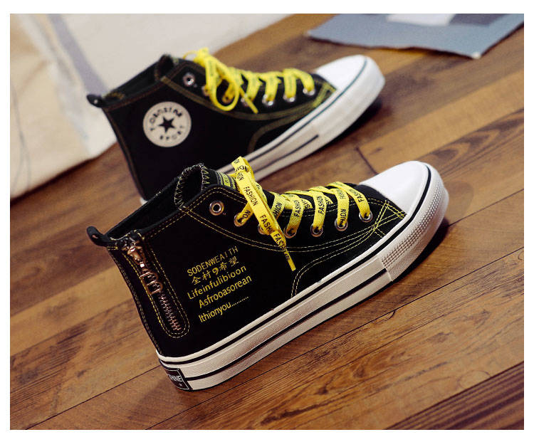 高帮帆布鞋女侧拉链2019新款学生百搭韩版春秋季港味复古板鞋潮鞋 亮