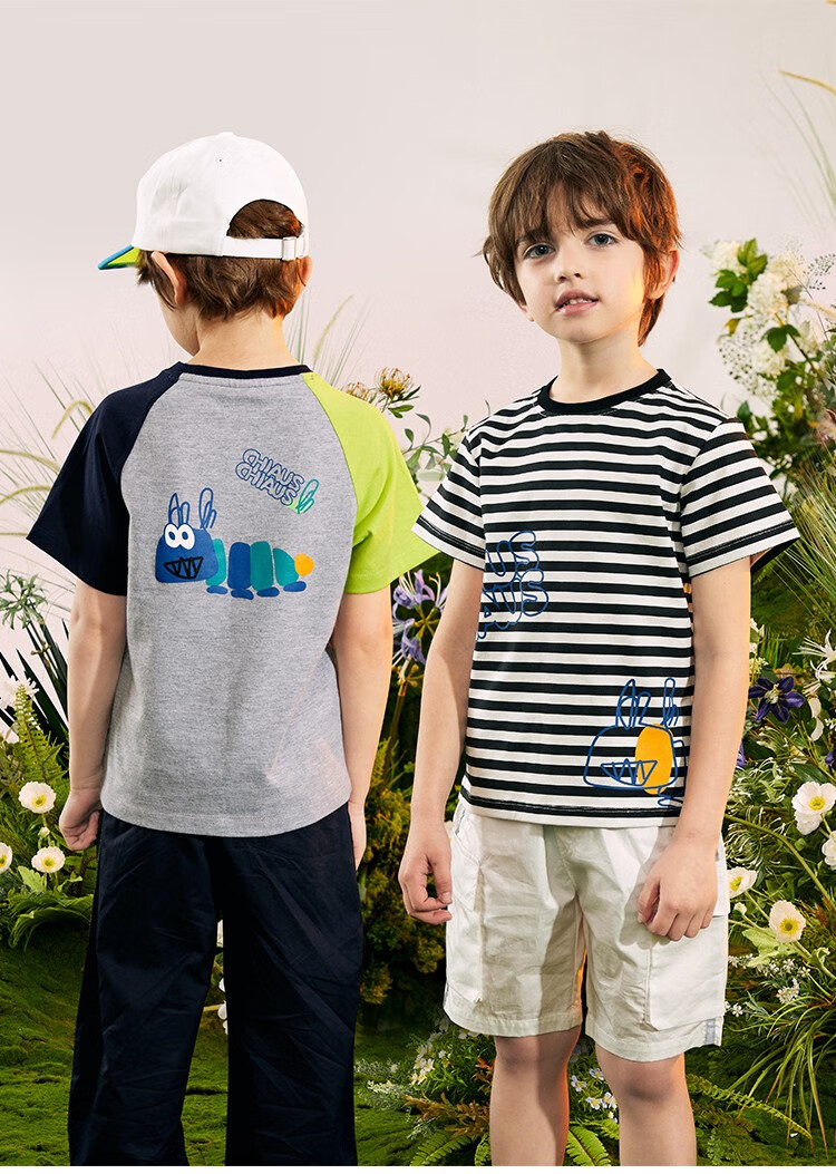 chiaus雀氏童装毛毛虫男童t恤儿童撞色短袖条纹休闲t恤夏季新款小童