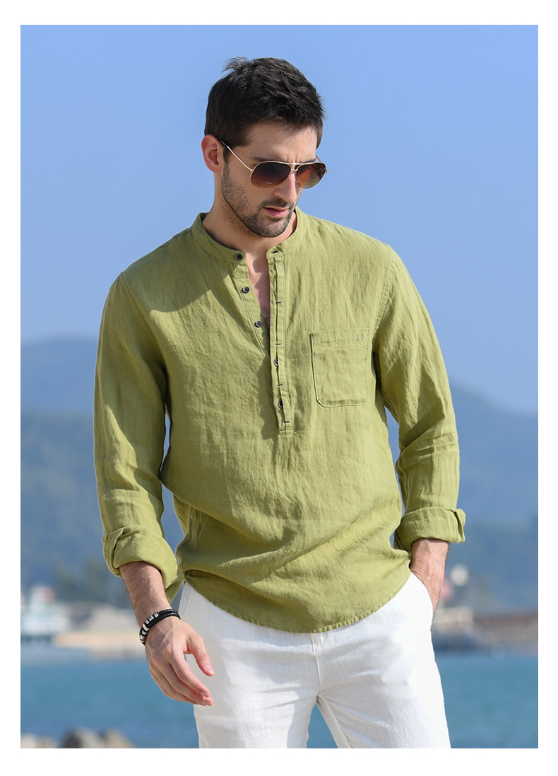 文艺复古立领长袖亚麻衬衫男士潮流宽松休闲套头男装麻料衬衣 灰绿色