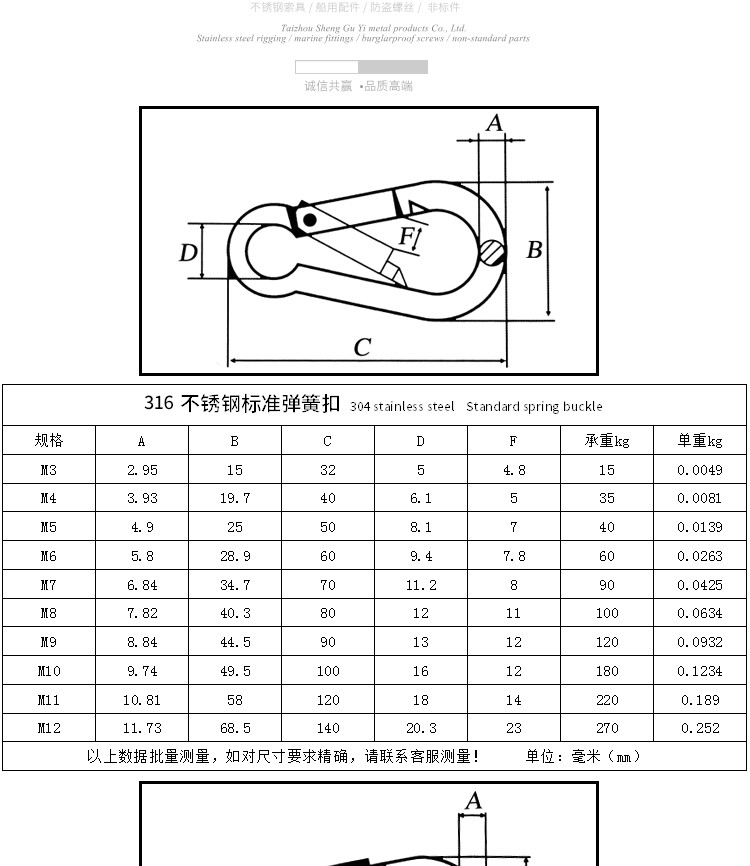 316不锈钢弹簧扣 弹簧钩登山扣 带孔安全扣带母带圈弹簧扣狗链扣m4m5m