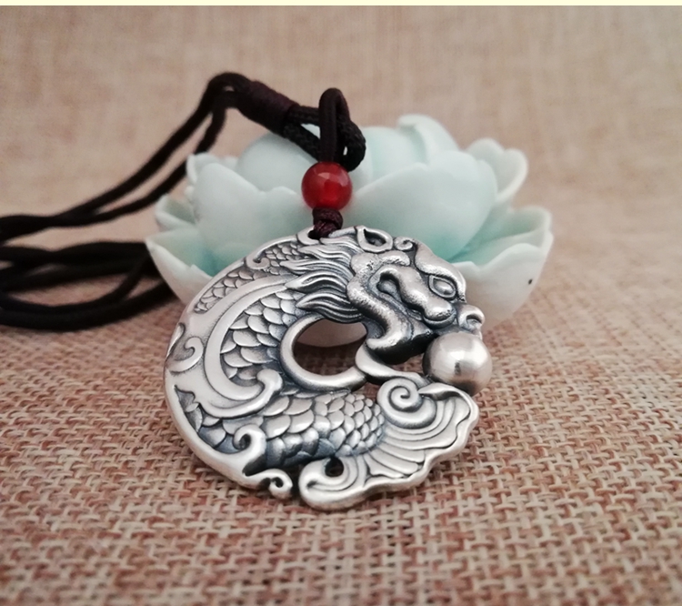 梦至尊梦鱼化龙吊坠平安扣挂坠999足银复古龙纹龙门个性祈福吊坠鱼