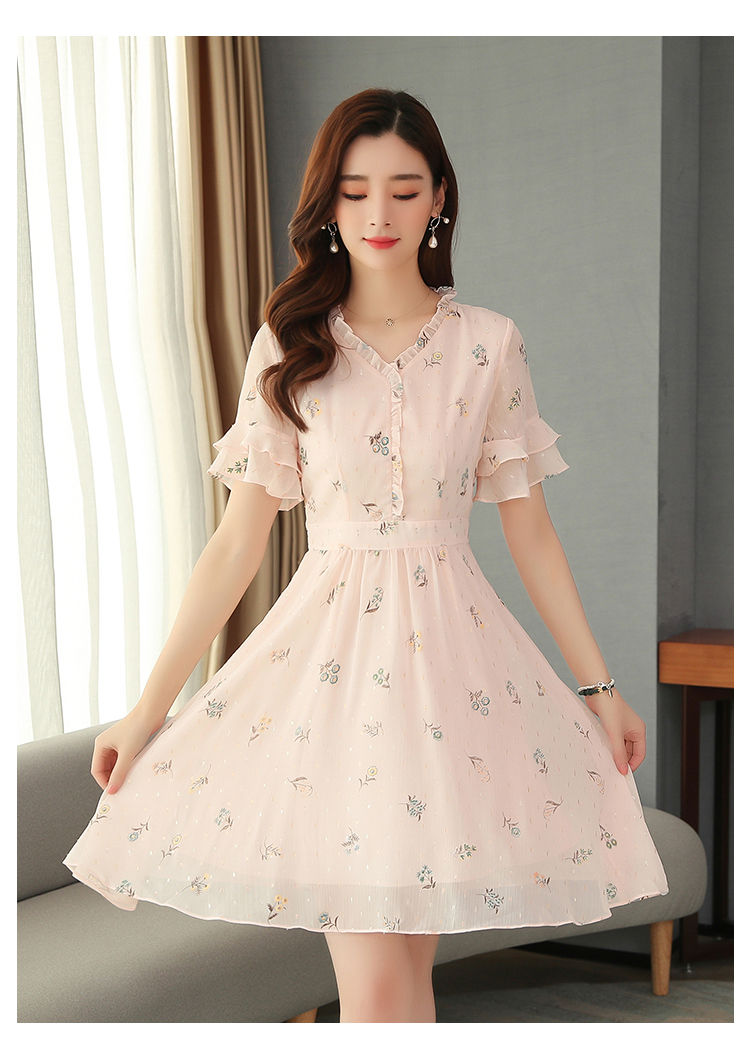 茵椒粉色v领雪纺碎花连衣裙女士夏天中长款2020新款流行裙子9048 粉色