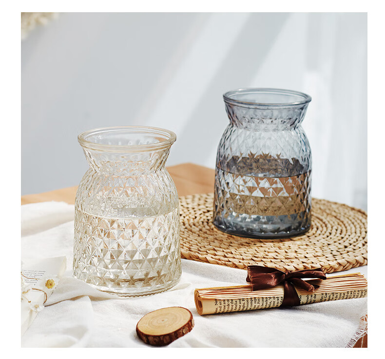 大口径玻璃花瓶现代简约透明敞口玻璃矮花瓶摆件宽口餐桌大口径水养