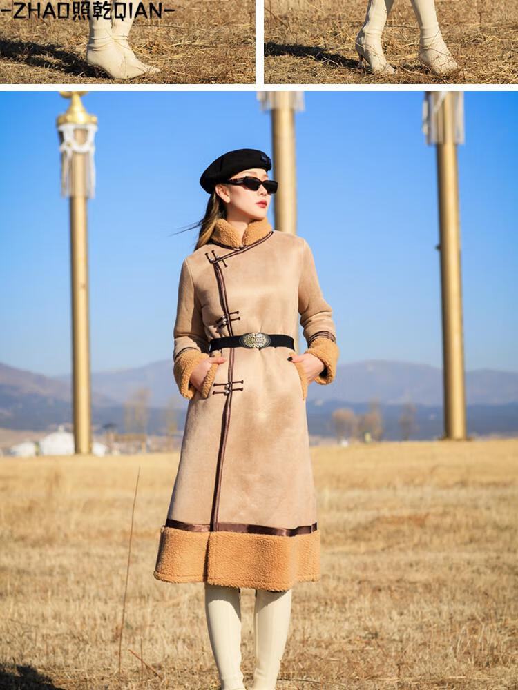 照乾蒙古袍冬天保暖蒙古服装女士秋冬款羊羔毛加绒带毛加厚蒙古元素