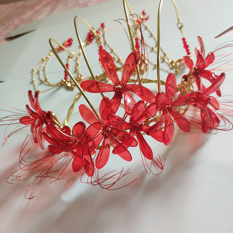 【忘相思】彼岸花发冠发簪汉服配饰红色古风手工发饰 红色【三生】