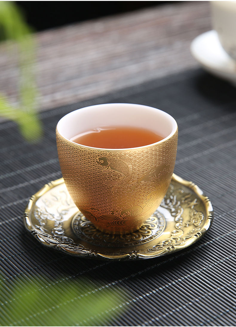24k黄金小茶杯陶瓷纯金主人单杯羊脂玉瓷鎏金品茗杯家用功夫茶盏 羊脂