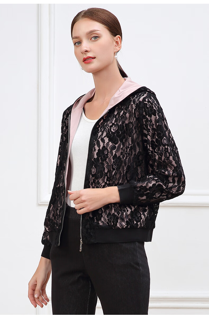 米兰登2022春装新款中老年女装妈妈装时尚连帽镂空蕾丝茄克外套女宽松