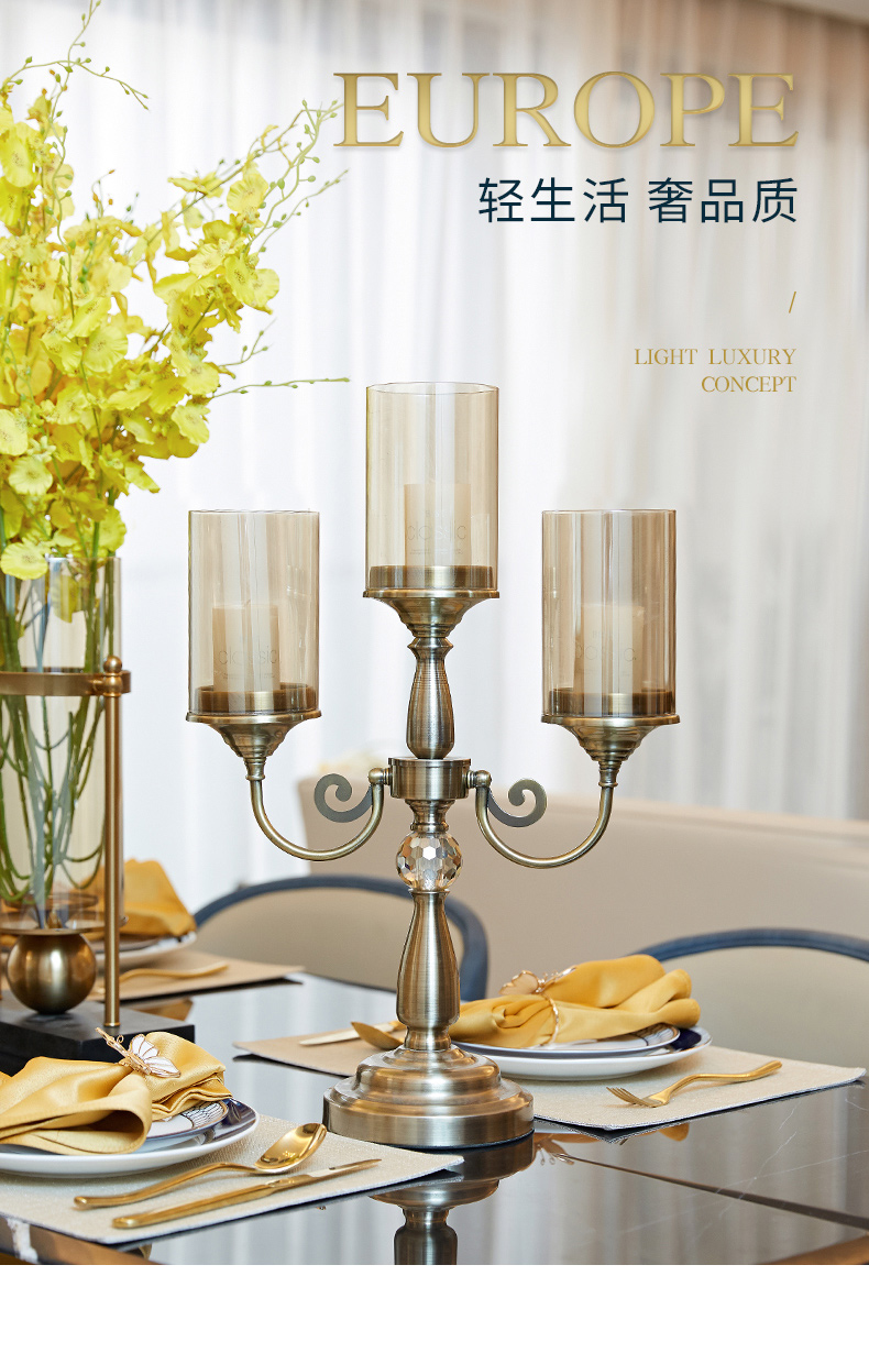 餐桌餐边柜轻奢装饰品美式客厅家居摆件古铜色金属三枝烛台送3支蜡烛