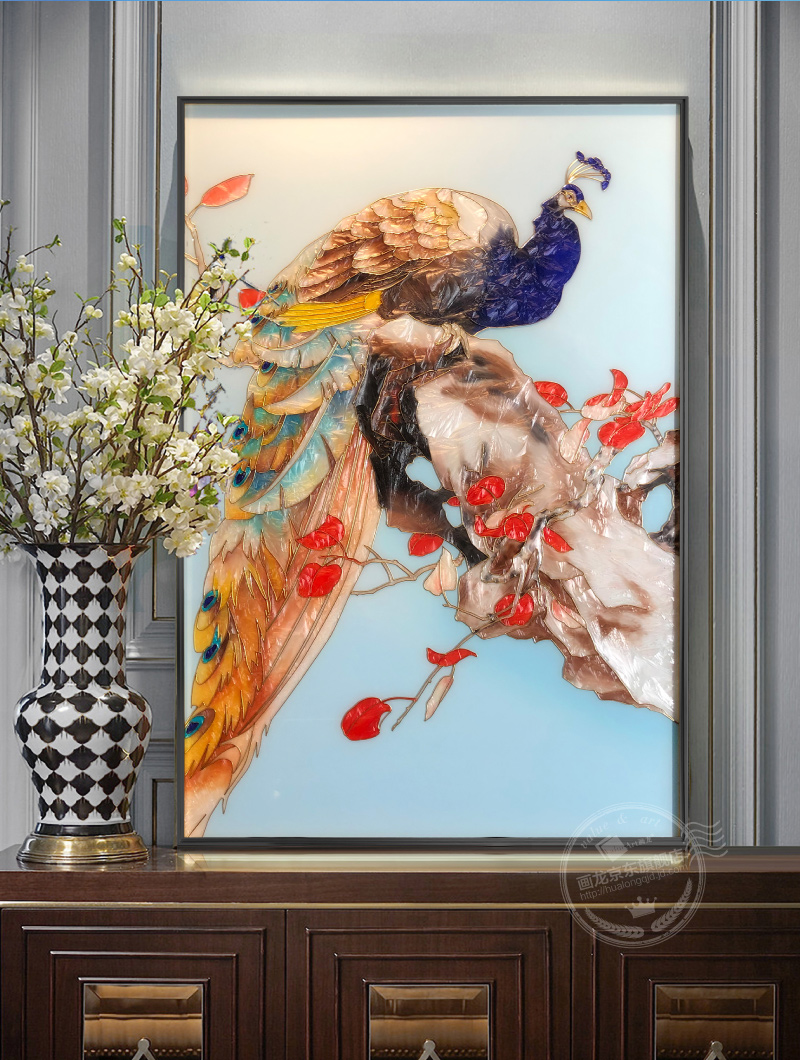 画龙手工掐丝珐琅彩玄关装饰画美式轻奢走廊尽头挂画客厅竖版壁画孔雀