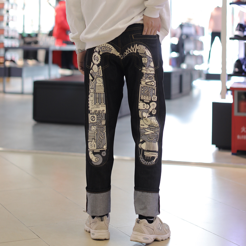 福神牛仔裤 原色牛仔裤男大m机械腿印花大白樱花宽松直筒刺绣长裤子