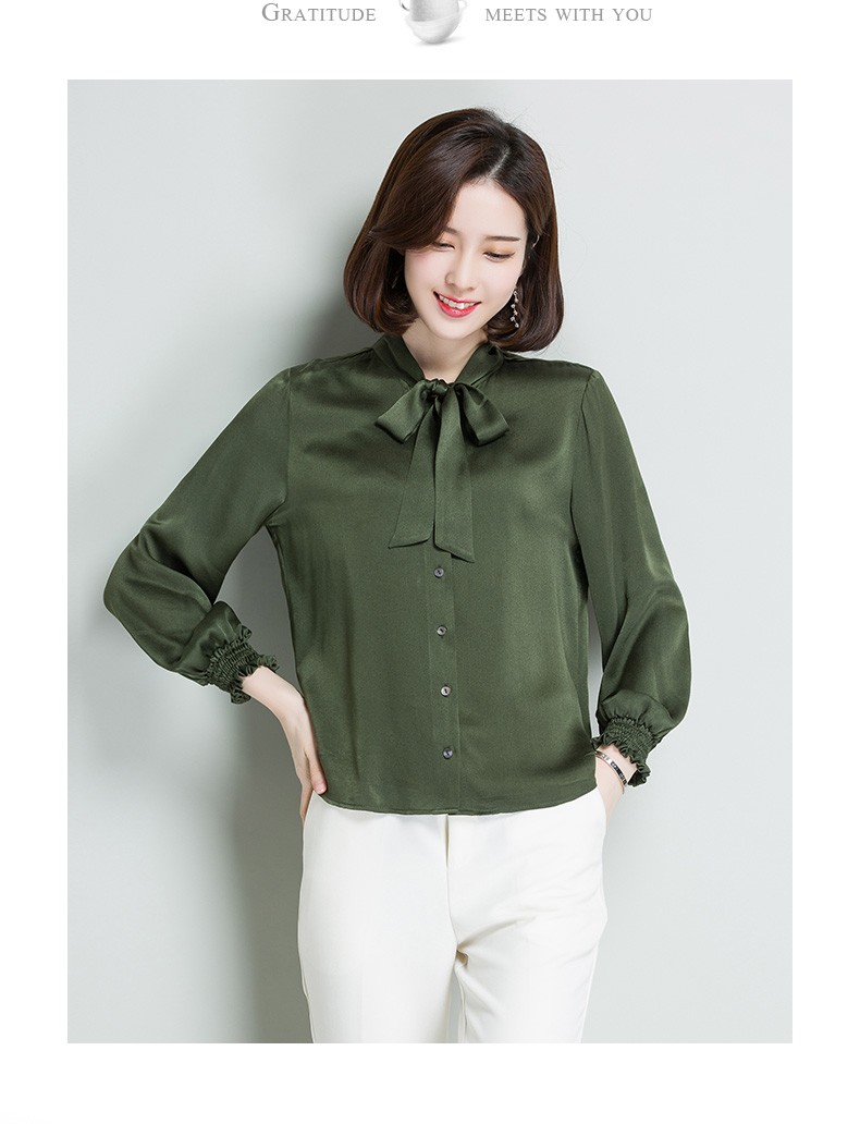 女装 衬衫 恒源祥(hyx) 恒源祥 真丝上衣女长袖 高档桑蚕丝蝴蝶结装饰