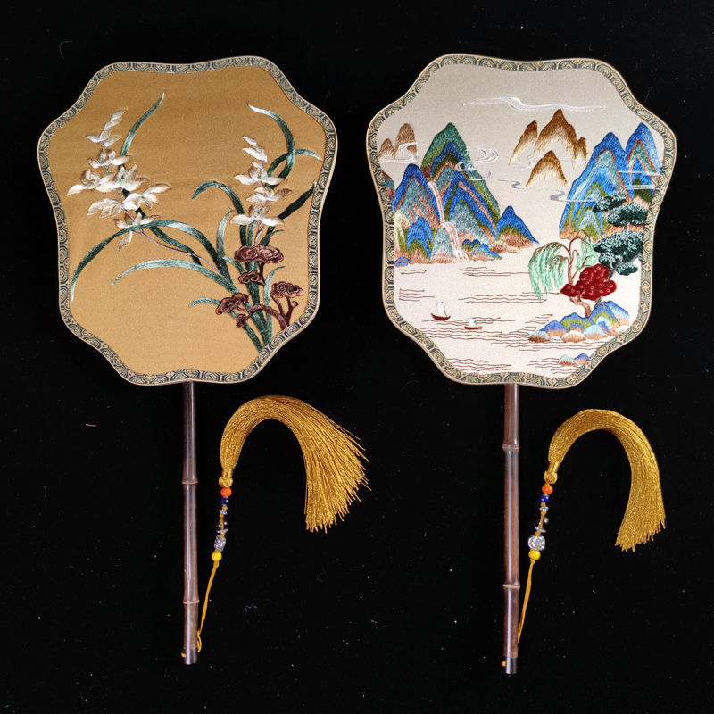 网红推荐飞仙型苏绣花扇子双面刺绣异色团扇古典国风宫廷复古风紫竹大