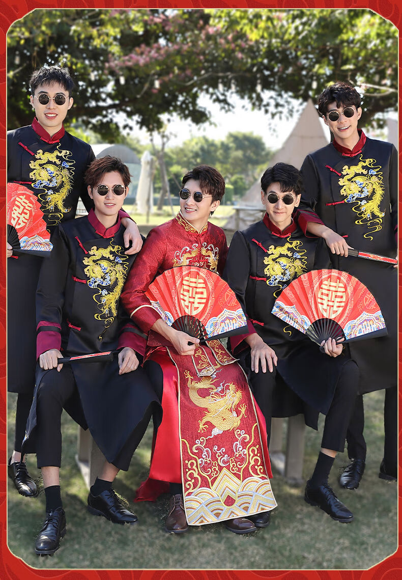 中式伴郎服兄弟团迎新款春季婚礼大码复古中国风唐装伴郎团 版 龙凤