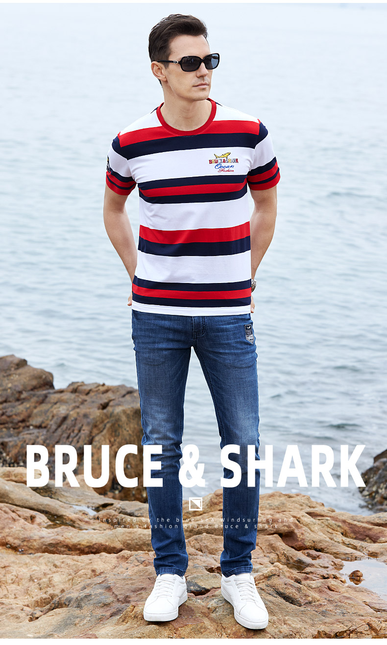 意大利古老鲨鱼t恤男夏季新款男士条纹潮牌短袖t恤薄款宽松大码休闲