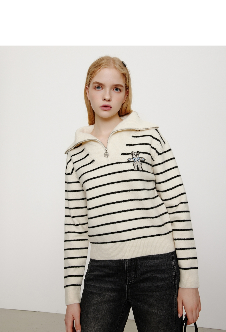 teenieweenie小熊半拉链高领条纹套头毛衣针织衫外穿小个子女新品ttk