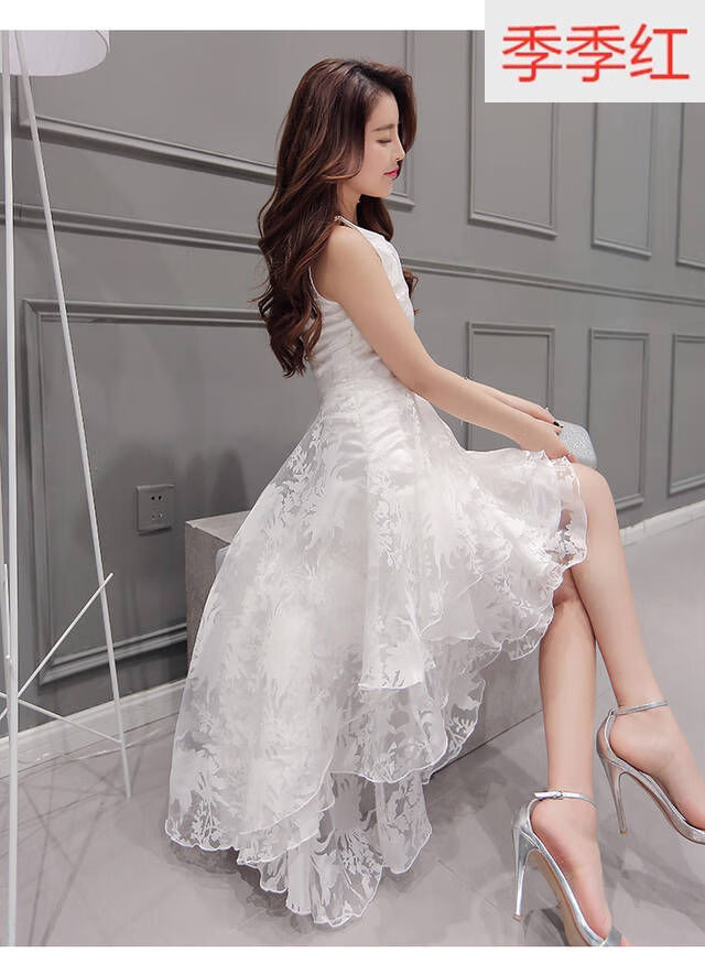公主裙成人欧根纱礼服夏白色甜美韩版蓬蓬裙燕尾裙前短后长连衣裙嘉晔