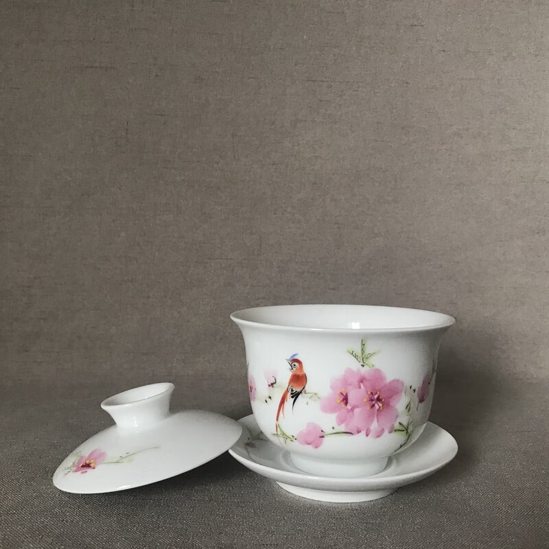 毛瓷茶杯 瓷器7501毛瓷系列手绘水点桃花办公茶杯茶壶 盖碗 红色收藏