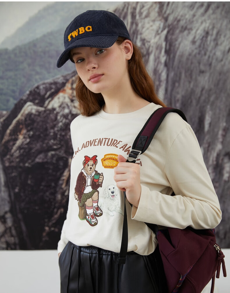 teenieweenie小熊圆领长袖t恤打底衫刺绣白色上衣女秋冬新款ttla2149