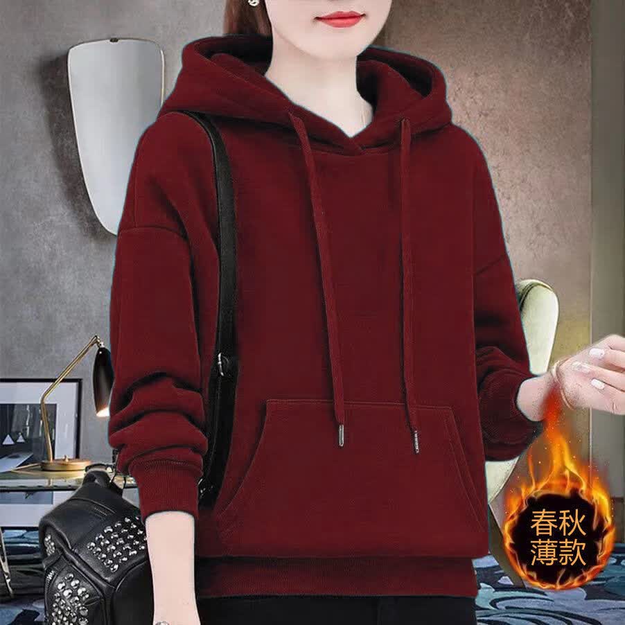 卫衣女秋冬含棉薄款新春秋季连帽卫衣女中年装宽松休闲百搭外套 枣