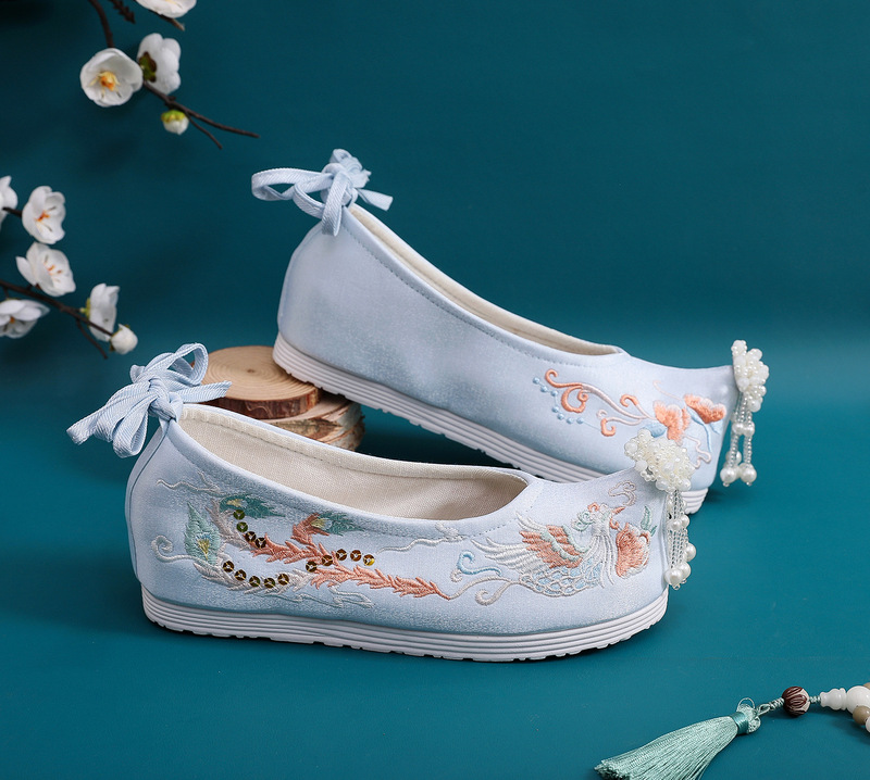 夏奈瑟夏季原创汉服鞋女古装鞋子内增高翘头珍珠流苏明制大童绣花鞋