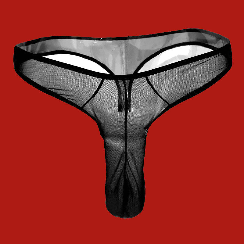 男士内裤生理阴i茎丁字内裤透明全露t裤带j套丝袜内裤黑色xl