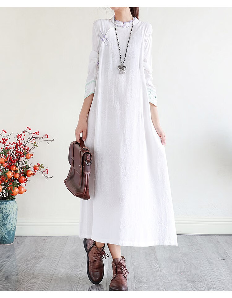 京佑(jinyu)素订棉麻复古文艺范棉麻连衣裙长款秋季旗袍裙刺绣亚麻