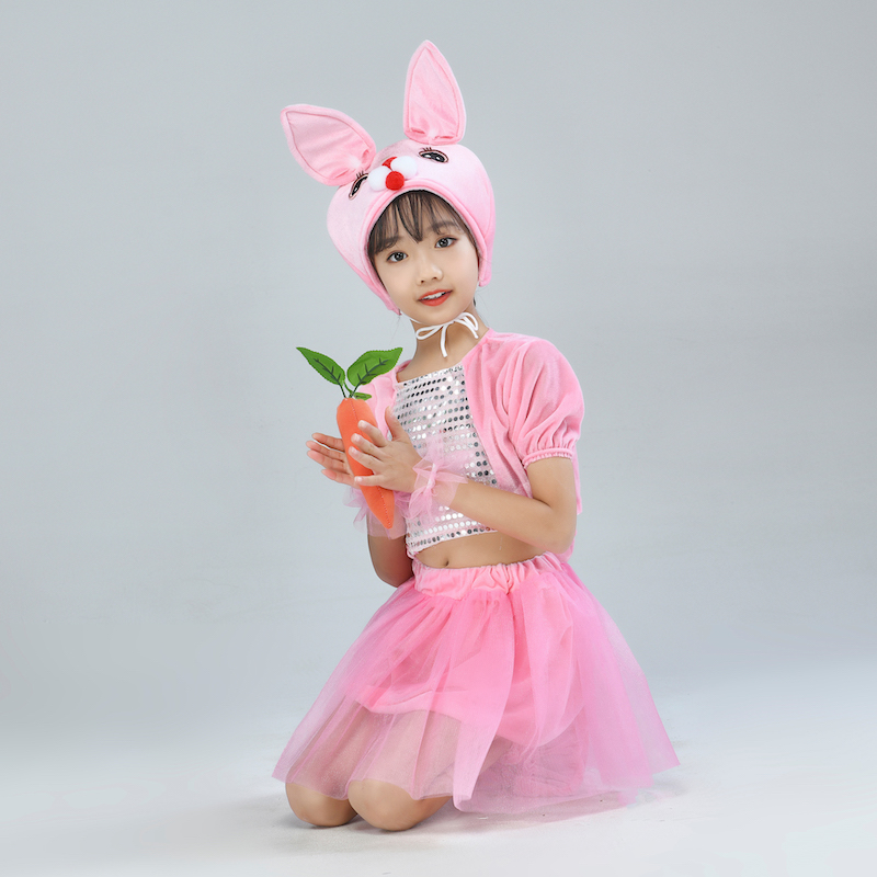 六一儿童小兔子演出服兔虎舞蹈服白兔动物连体裙表演服夏装粉色兔子